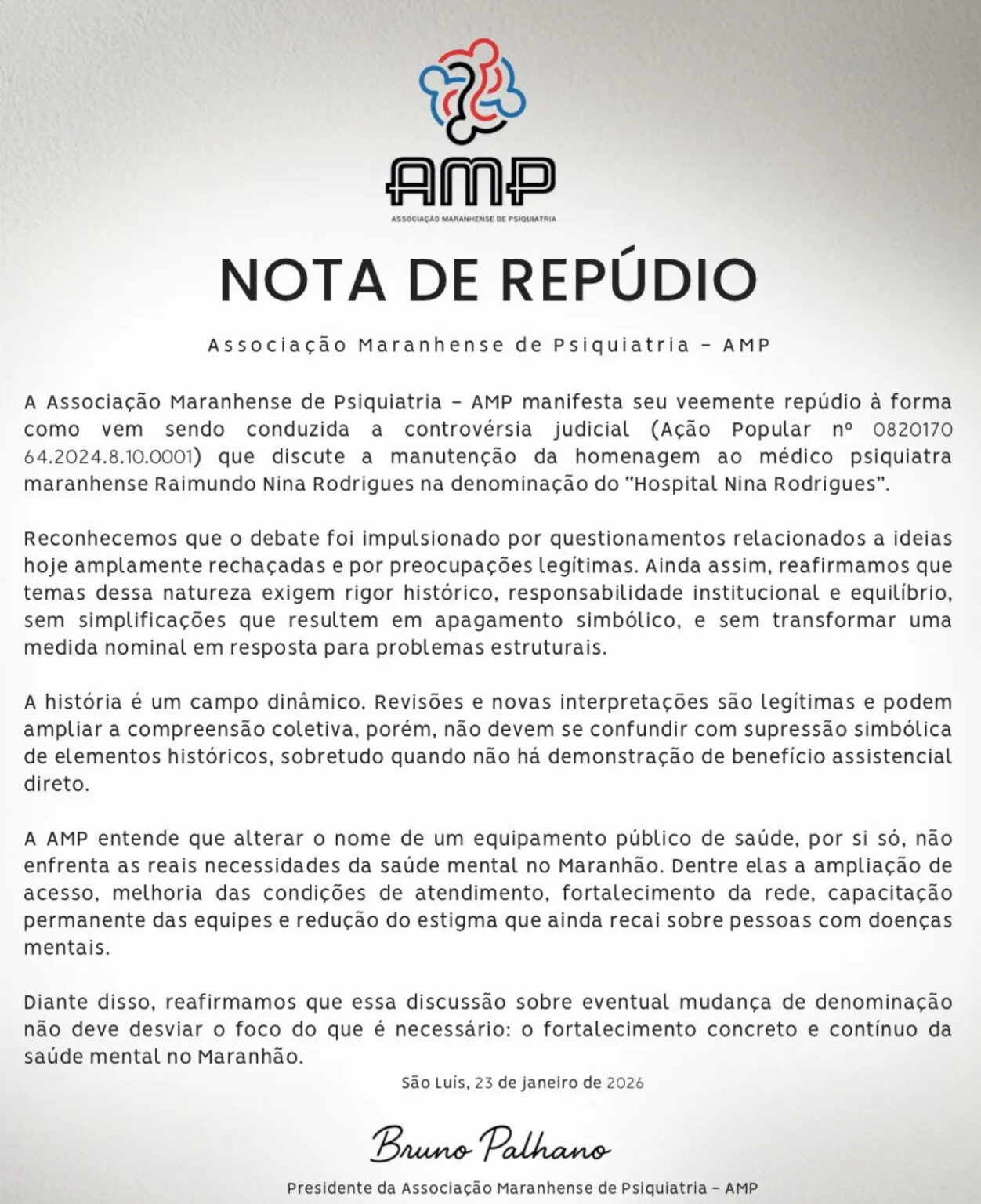 AMP Se Manifesta Contra Ação Judicial sobre Nome do Hospital Nina Rodrigues