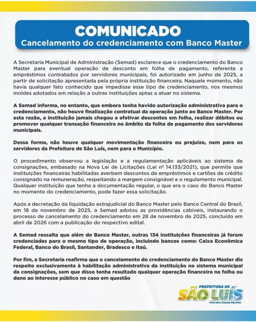 Contratação da Prefeitura de São Luís com Banco Master: Nenhum Prejuízo aos Servidores